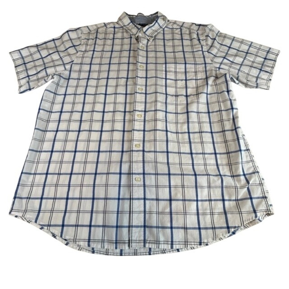 Chaps Men's White Blue Plaid Short Sleeve‎ Button Up Shirt XL Easy Care